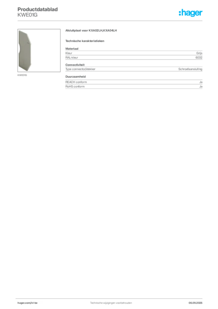 Afbeelding Hager Productdatablad KWE01G | Hager Belgium