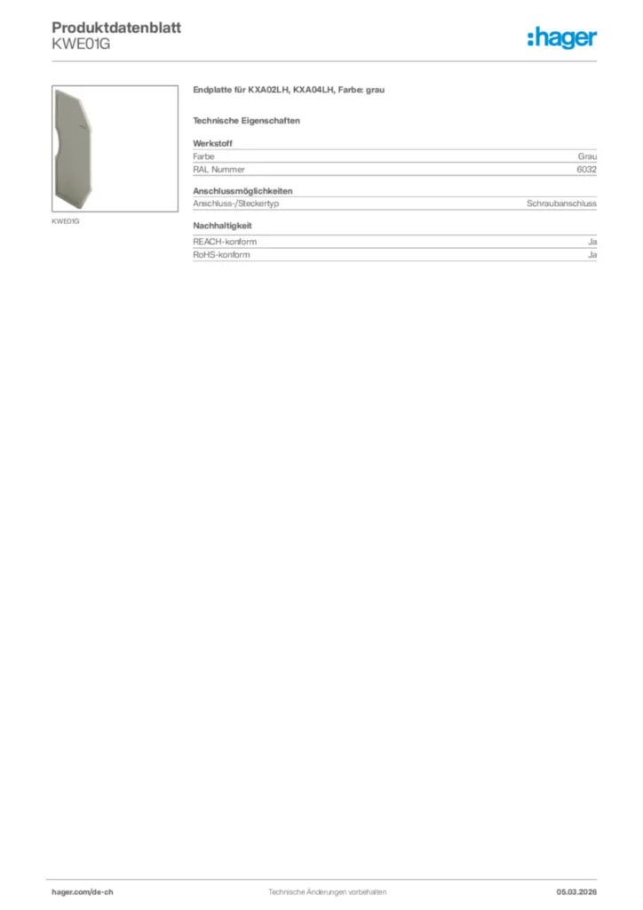Bild Hager Produktdatenblatt KWE01G | Hager Schweiz