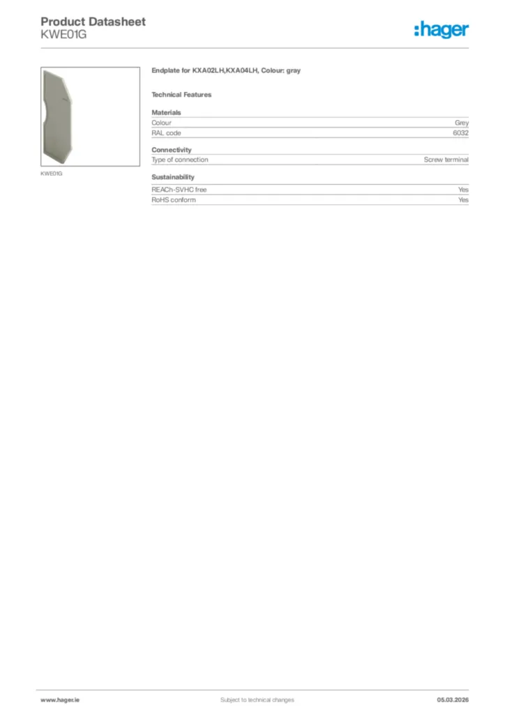 Image Hager Product data sheet KWE01G  | Hager
