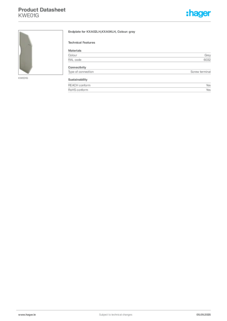 Image Hager Product data sheet KWE01G  | Hager