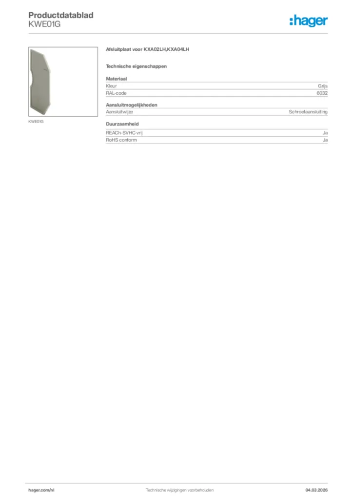 Afbeelding Hager Productdatablad KWE01G | Hager Nederland