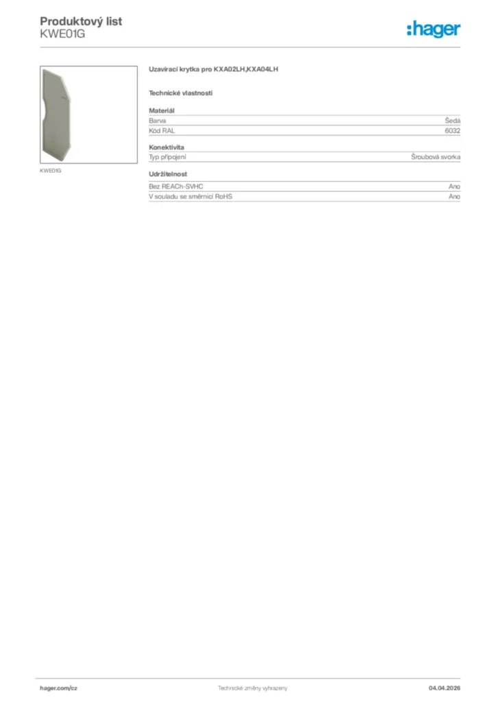 Obrázek Hager Product data sheet KWE01G | Hager