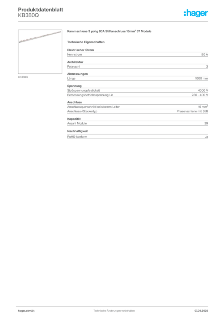 Bild Hager Produktdatenblatt KB380Q | Hager Deutschland