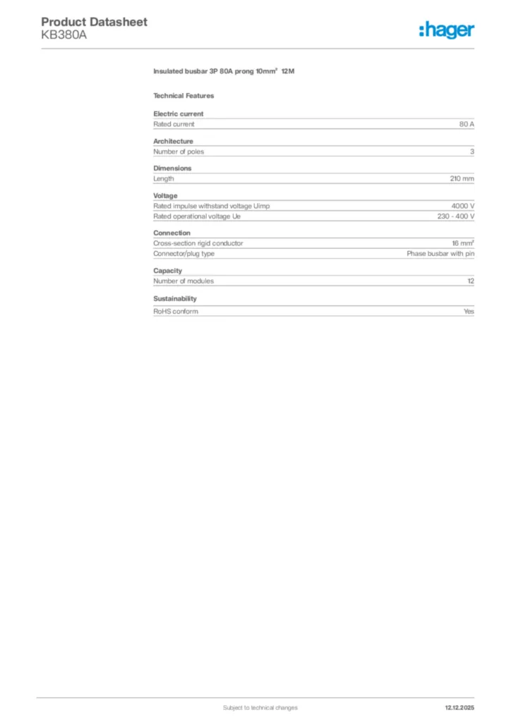 Image Hager Product data sheet KB380A  | Hager Africa