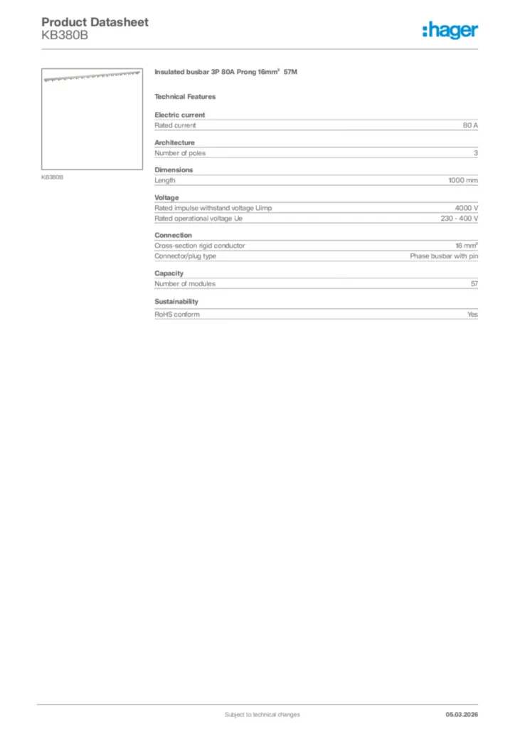 Image Hager Product data sheet KB380B  | Hager Africa