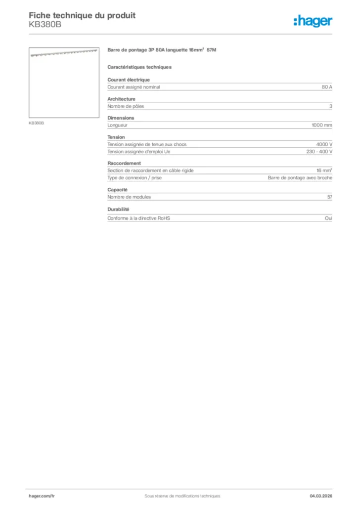 Image Hager Fiche technique du produit KB380B | Hager France