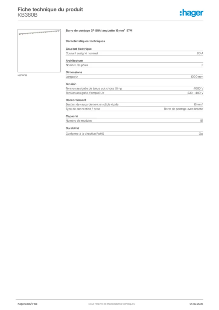 Image Hager Fiche technique du produit KB380B | Hager Belgique