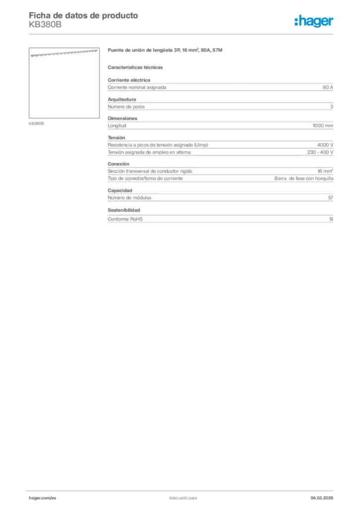Imagen Hager Ficha de datos de producto KB380B | Hager España