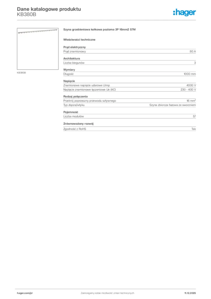 Zdjęcie Hager Dane katalogowe produktu KB380B | Hager Polska