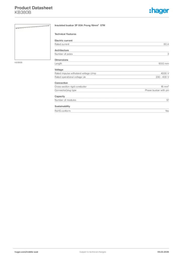 Image Hager Product data sheet KB380B  | Hager