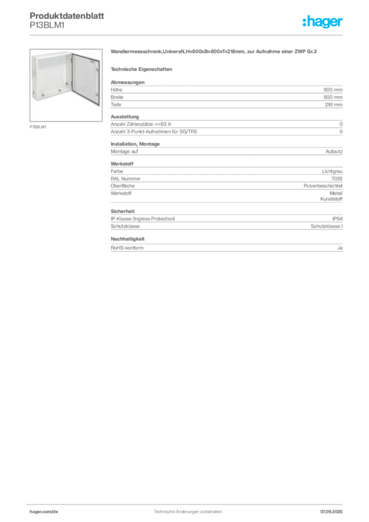 Bild Hager Produktdatenblatt P13BLM1 | Hager Deutschland