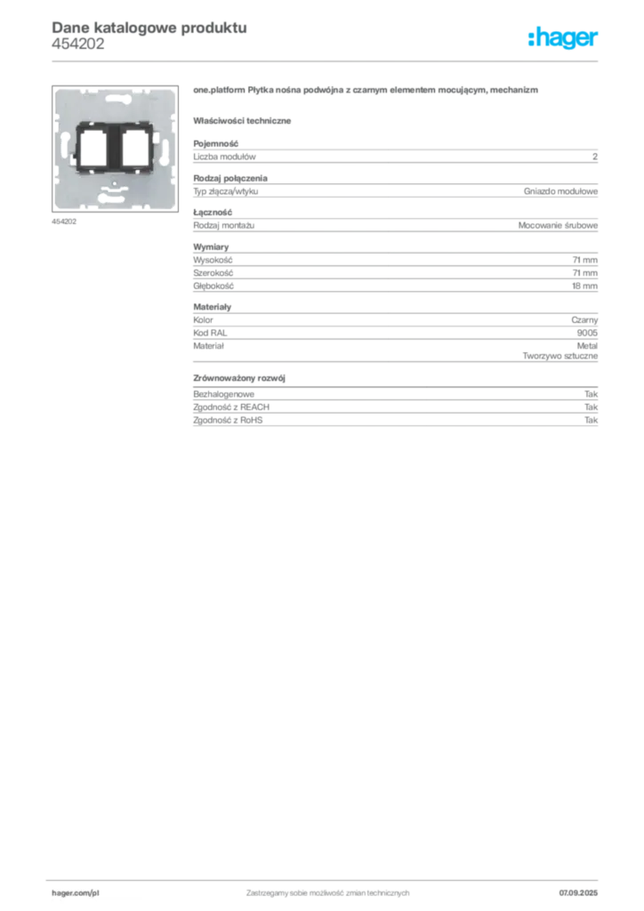 Zdjęcie Hager Dane katalogowe produktu 454202 | Hager Polska