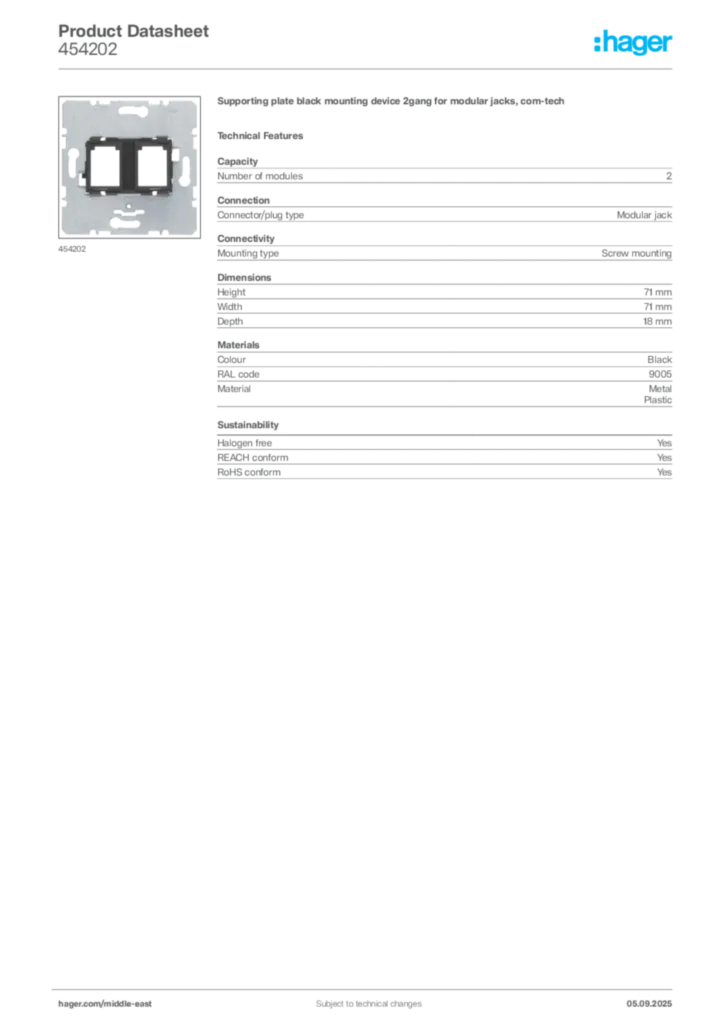 Image Hager Product data sheet 454202  | Hager