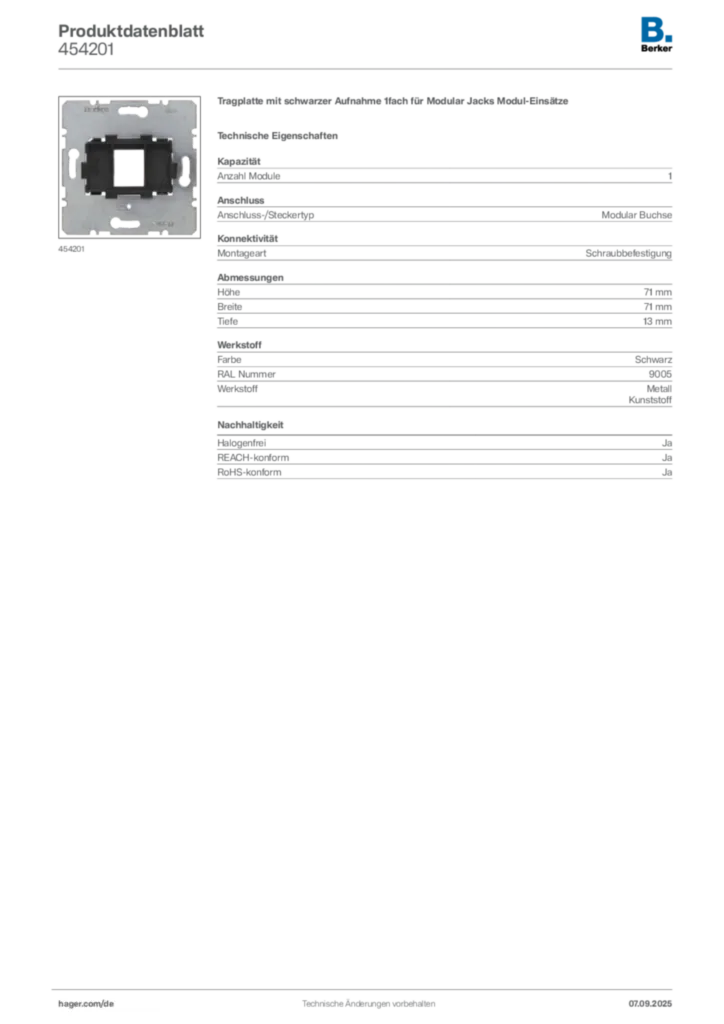 Bild Berker Produktdatenblatt 454201 | Hager Deutschland