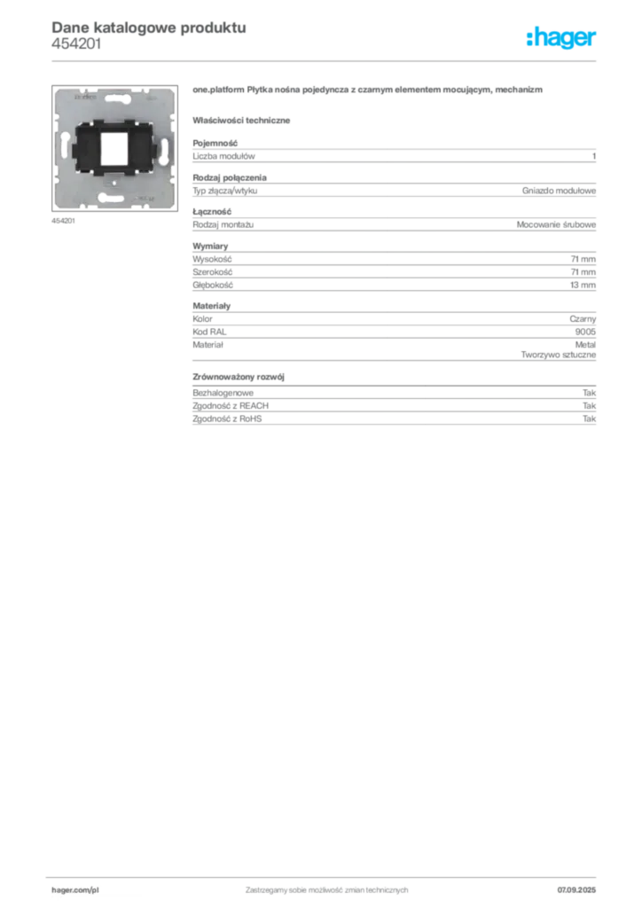 Zdjęcie Hager Dane katalogowe produktu 454201 | Hager Polska