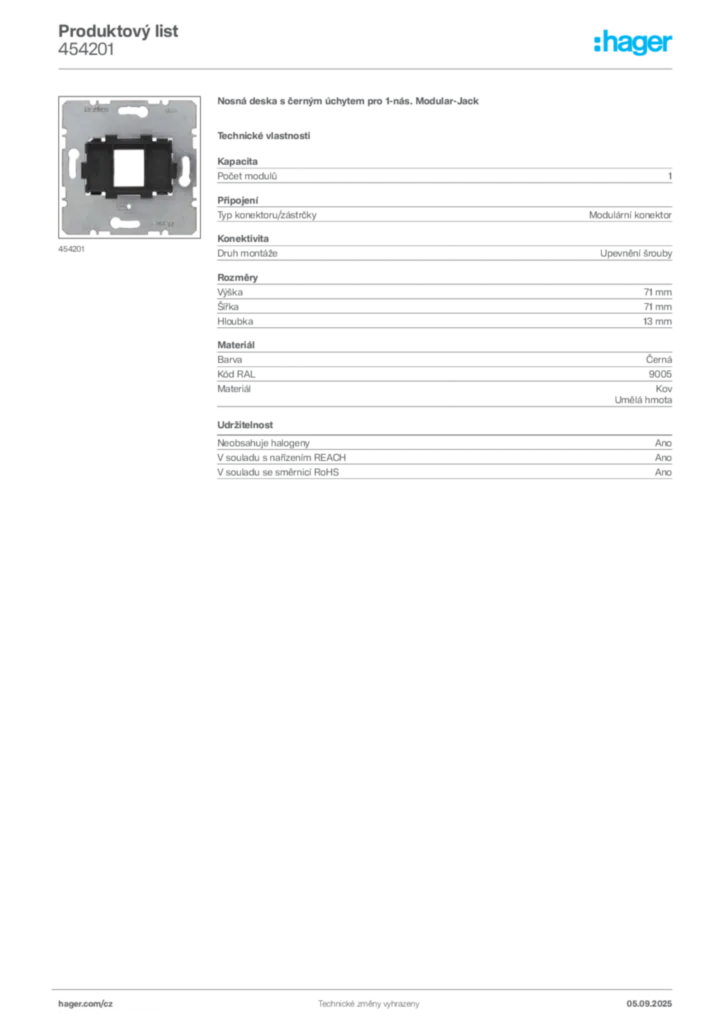 Obrázek Hager Produktový list 454201 | Hager