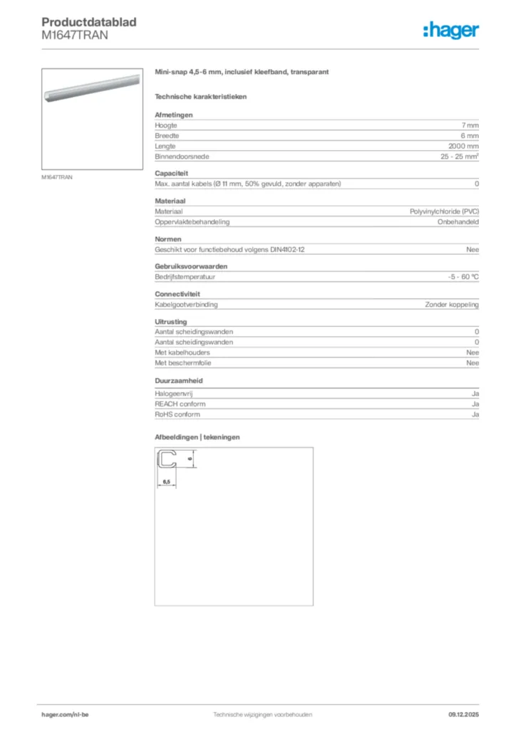 Afbeelding Hager Productdatablad M1647TRAN | Hager Belgium
