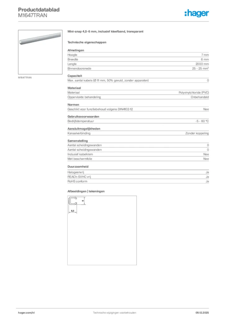 Afbeelding Hager Productdatablad M1647TRAN | Hager Nederland