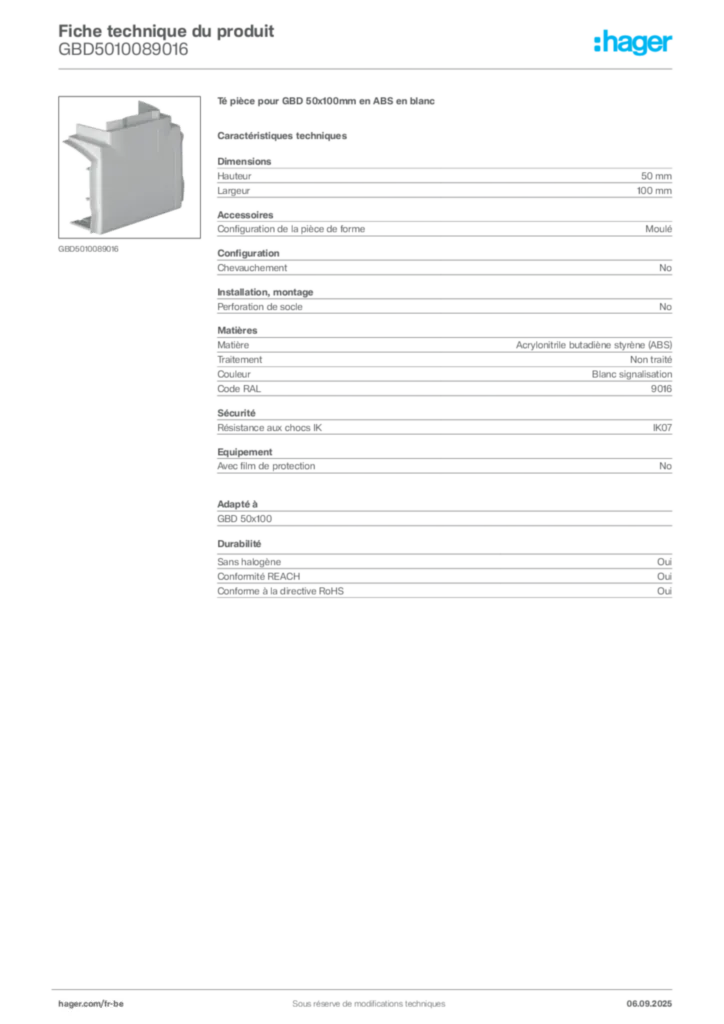 Image Hager Fiche technique du produit GBD5010089016 | Hager Belgique
