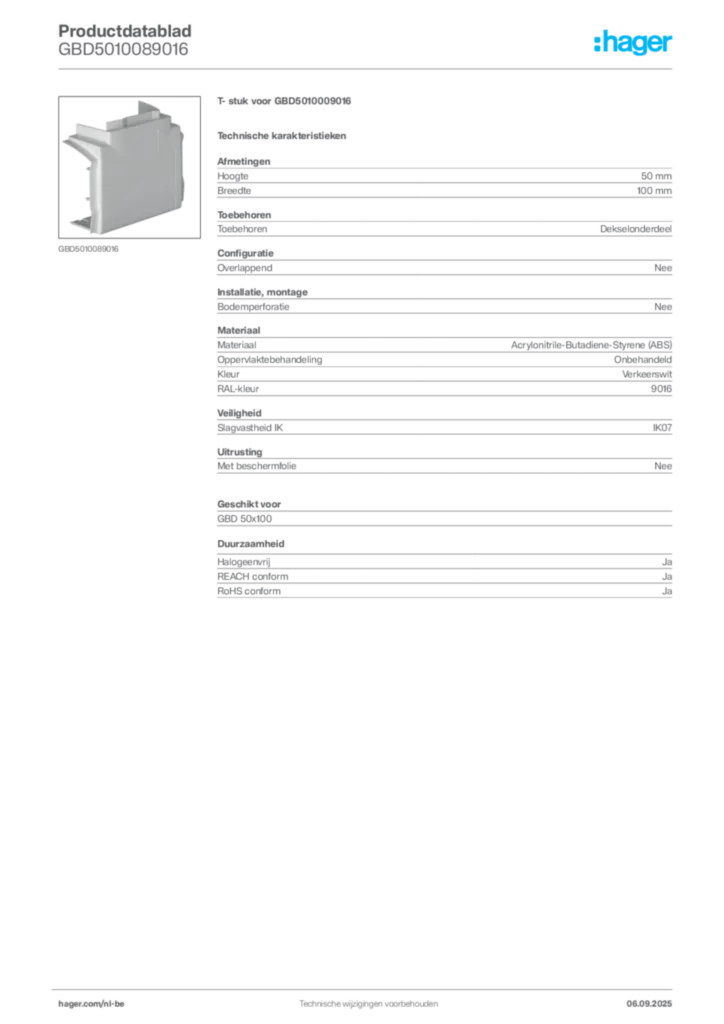 Afbeelding Hager Productdatablad GBD5010089016 | Hager Belgium