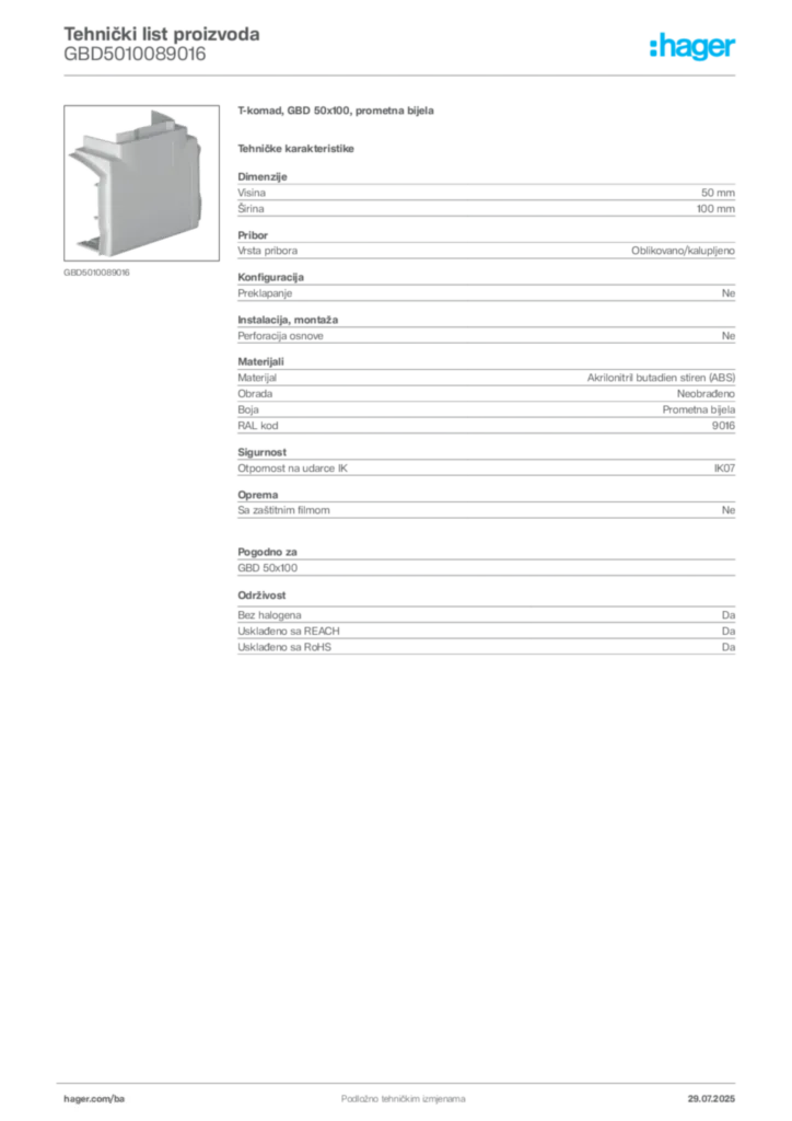 Slika Hager Product data sheet GBD5010089016  | Hager