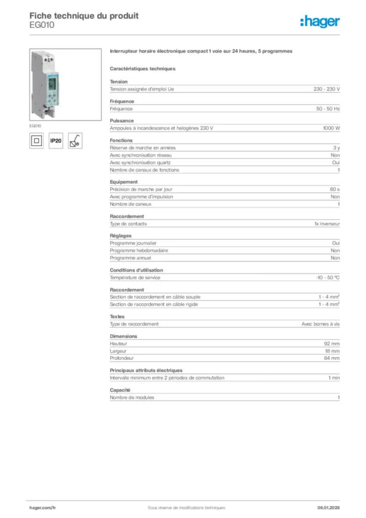Image Hager Fiche technique du produit EG010 | Hager France