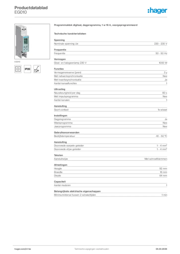 Afbeelding Hager Productdatablad EG010 | Hager Belgium