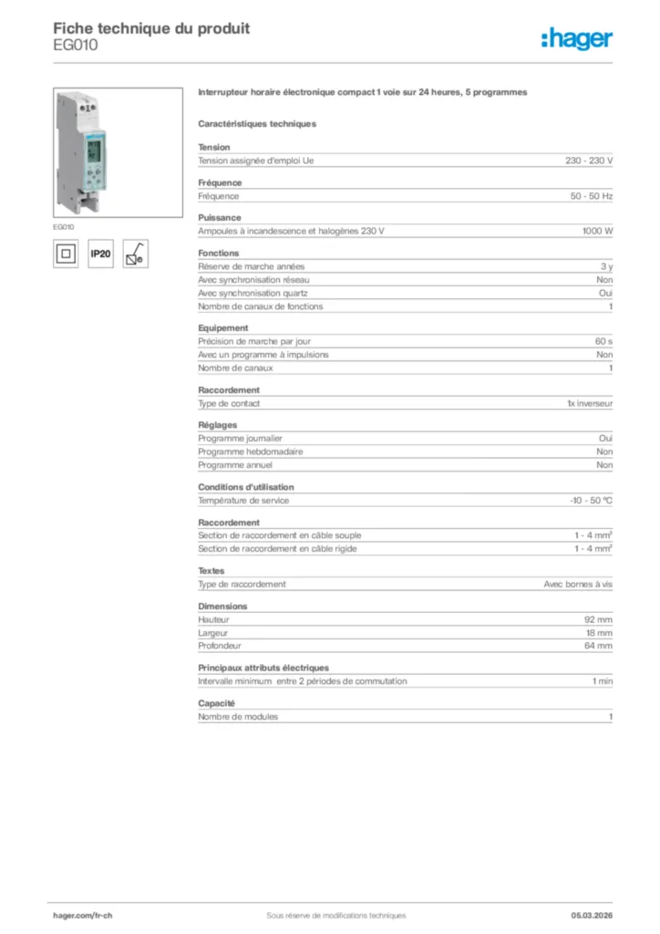 Image Hager Fiche technique du produit EG010 | Hager Suisse