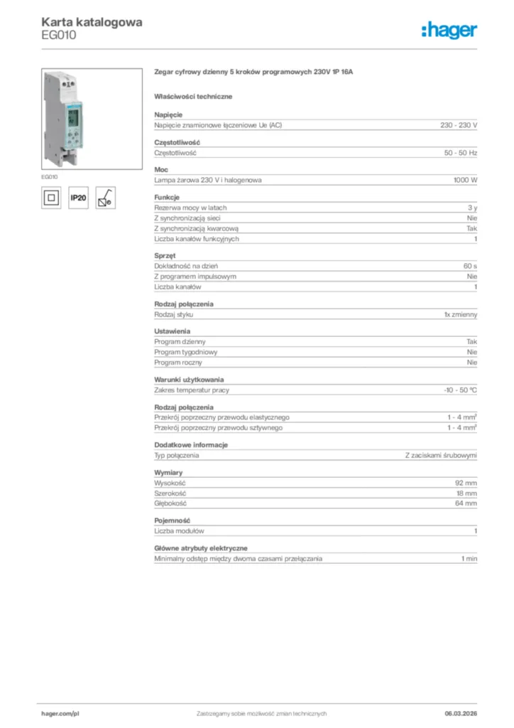 Zdjęcie Hager Karta katalogowa EG010 | Hager Polska