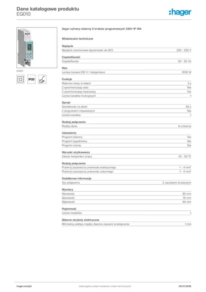 Zdjęcie Hager Karta katalogowa EG010 | Hager Polska