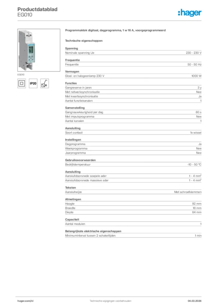 Afbeelding Hager Productdatablad EG010 | Hager Nederland
