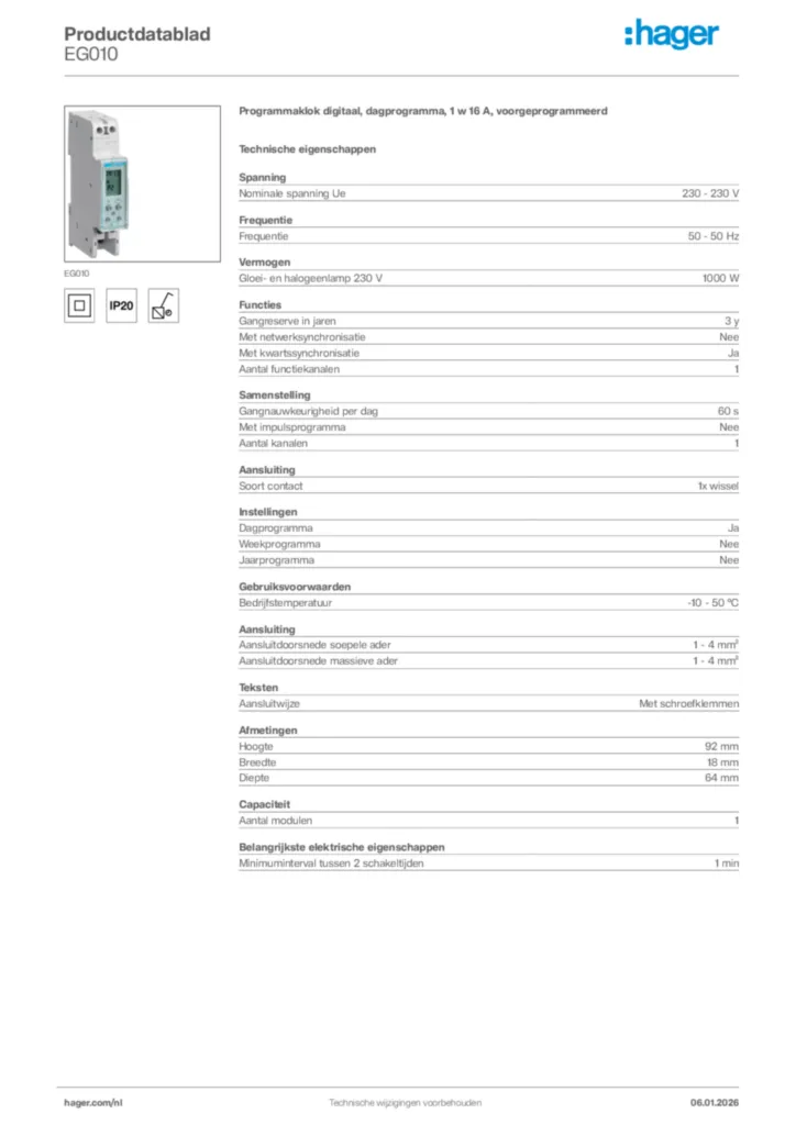 Afbeelding Hager Productdatablad EG010 | Hager Nederland