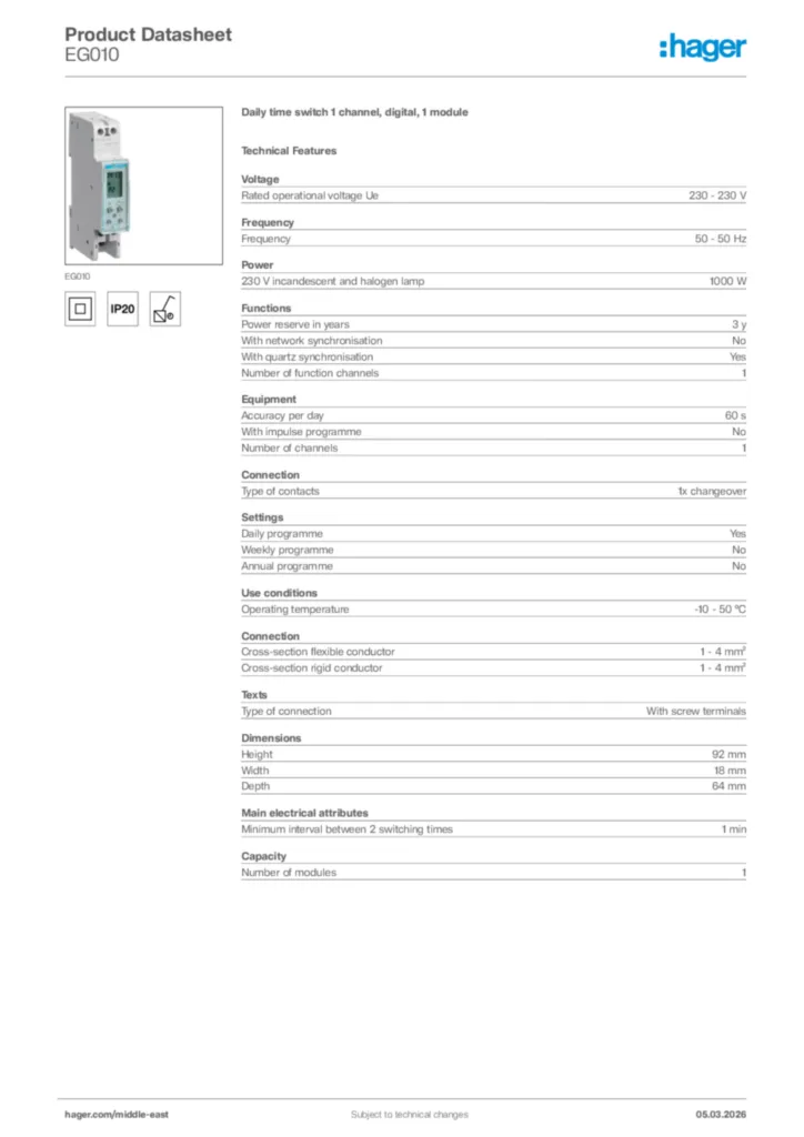 Image Hager Product data sheet EG010  | Hager