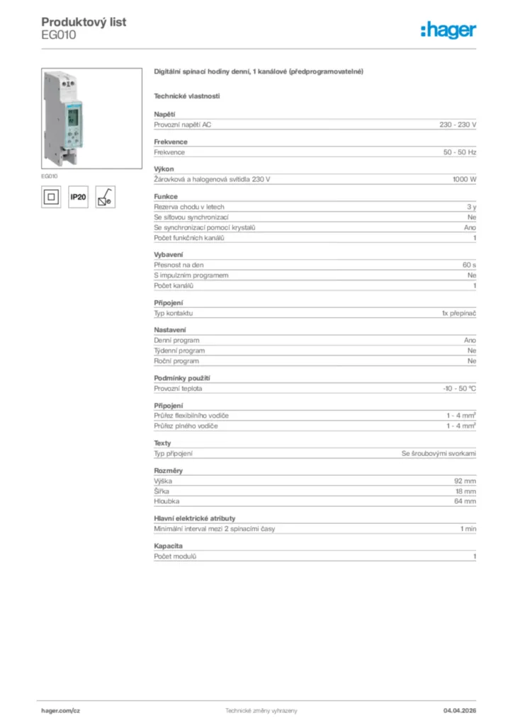 Obrázek Hager Product data sheet EG010 | Hager