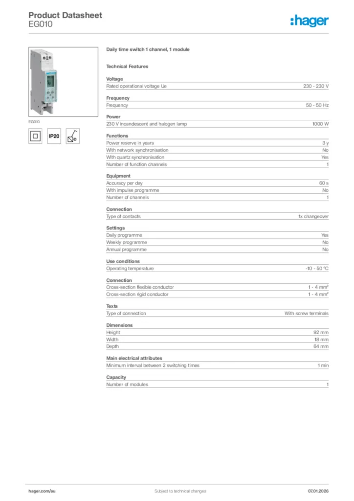 Image Hager Product data sheet EG010  | Hager Australia
