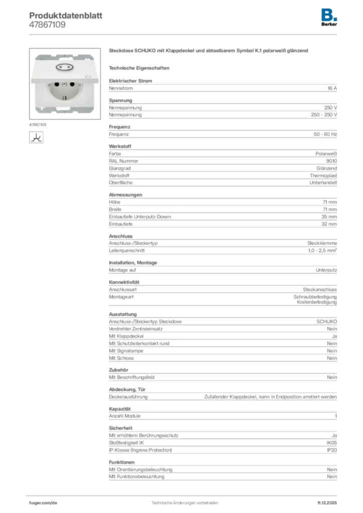 Bild Berker Produktdatenblatt 47867109 | Hager Deutschland