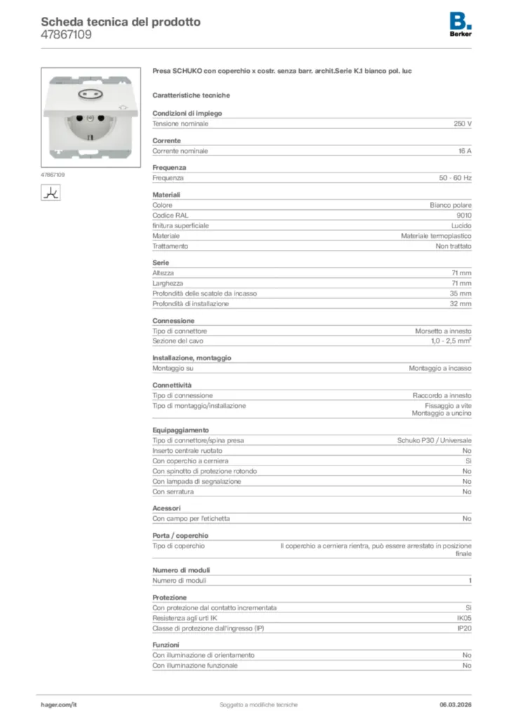 Immagine Berker Scheda tecnica del prodotto 47867109 | Hager Italia