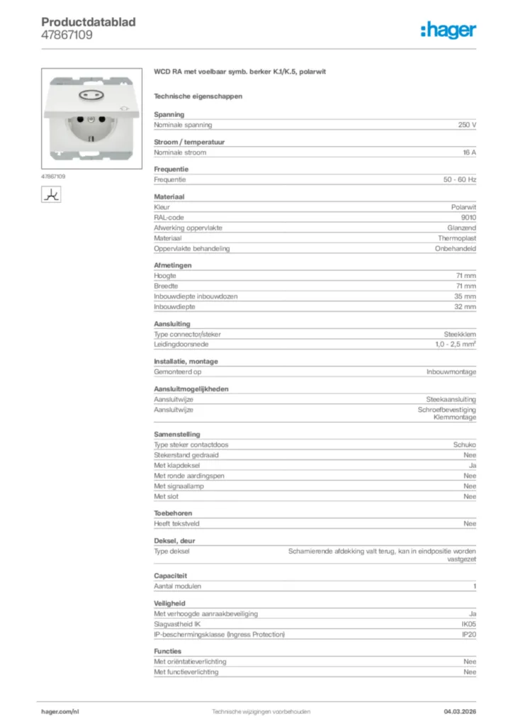 Afbeelding Hager Productdatablad 47867109 | Hager Nederland
