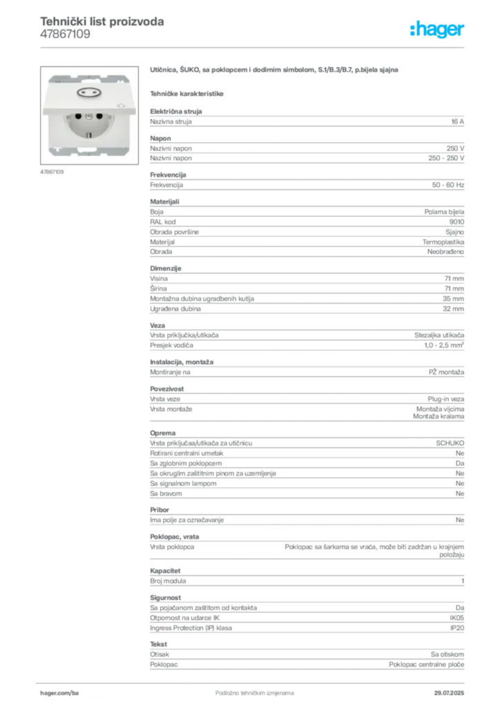 Slika Hager Product data sheet 47867109  | Hager