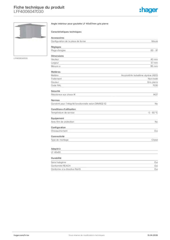 Image Hager Fiche technique du produit LFF4006047030 | Hager Belgique