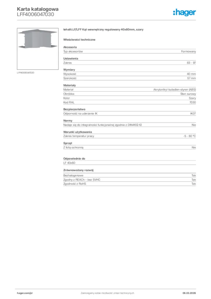 Zdjęcie Hager Karta katalogowa LFF4006047030 | Hager Polska