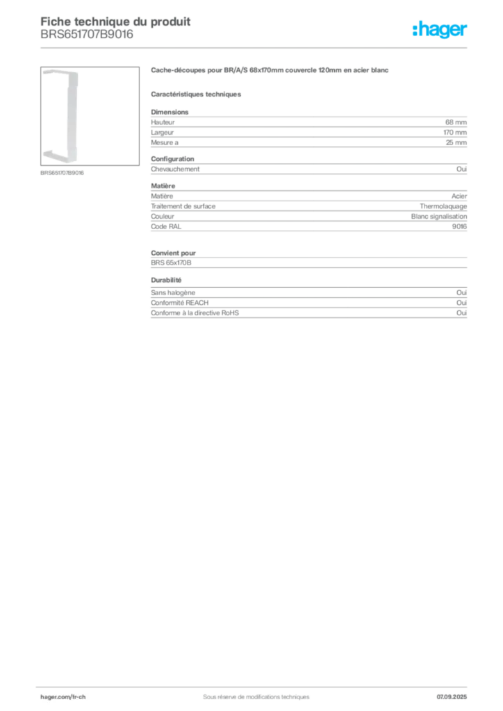 Image Hager Fiche technique du produit BRS651707B9016 | Hager Suisse