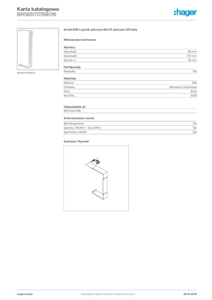 Zdjęcie Hager Karta katalogowa BRS651707B9016 | Hager Polska