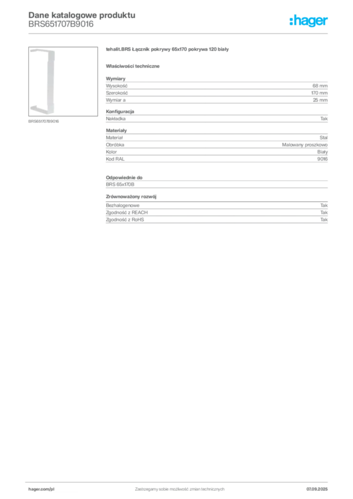 Zdjęcie Hager Dane katalogowe produktu BRS651707B9016 | Hager Polska
