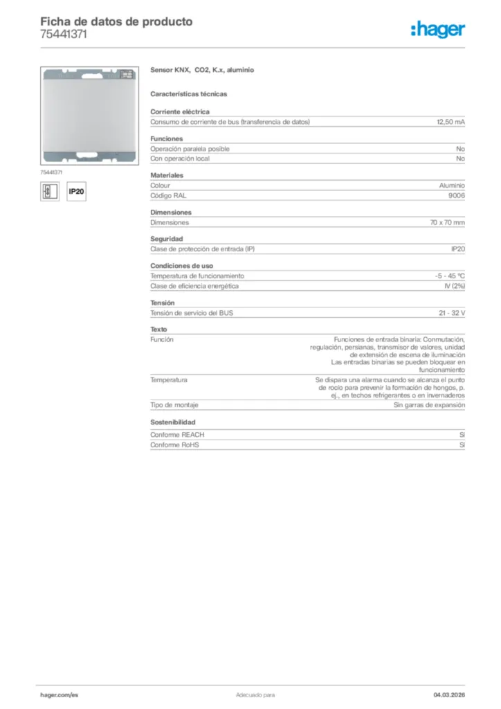 Imagen Hager Ficha de datos de producto 75441371 | Hager España