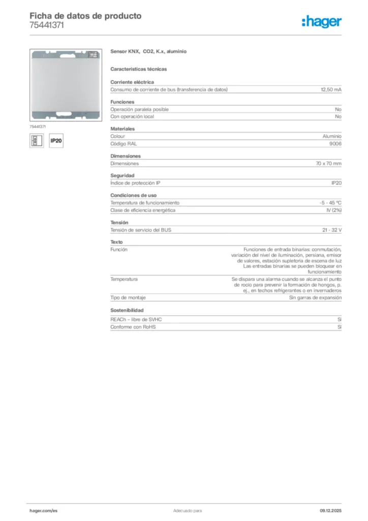 Imagen Hager Ficha de datos de producto 75441371 | Hager España