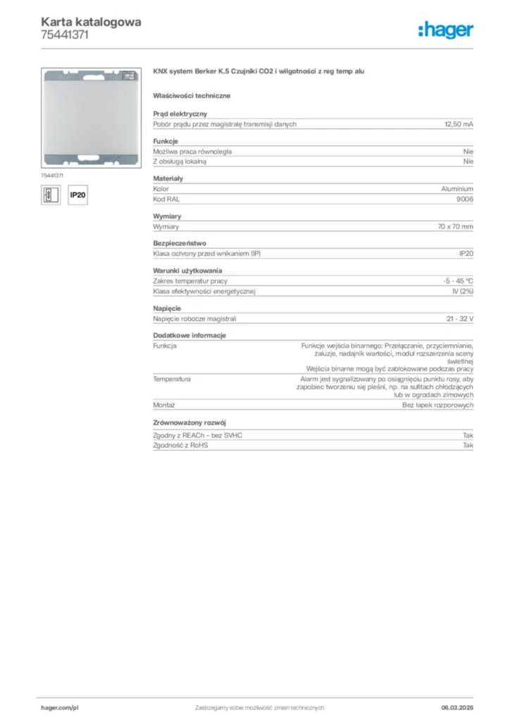 Zdjęcie Hager Karta katalogowa 75441371 | Hager Polska