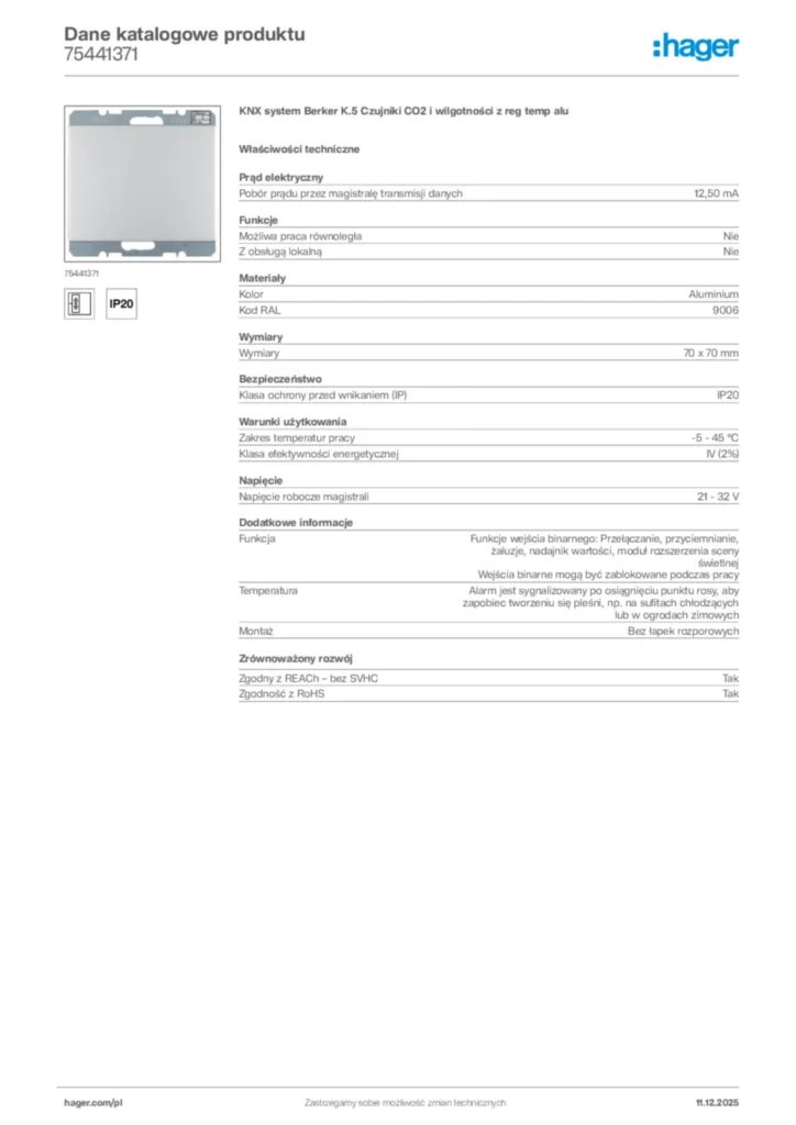 Zdjęcie Hager Dane katalogowe produktu 75441371 | Hager Polska