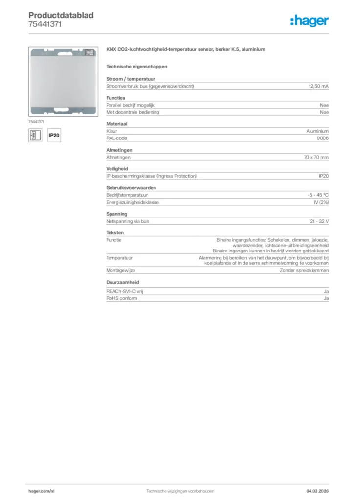 Afbeelding Hager Productdatablad 75441371 | Hager Nederland