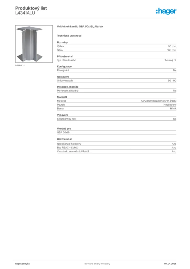 Obrázek Hager Product data sheet L4341ALU | Hager